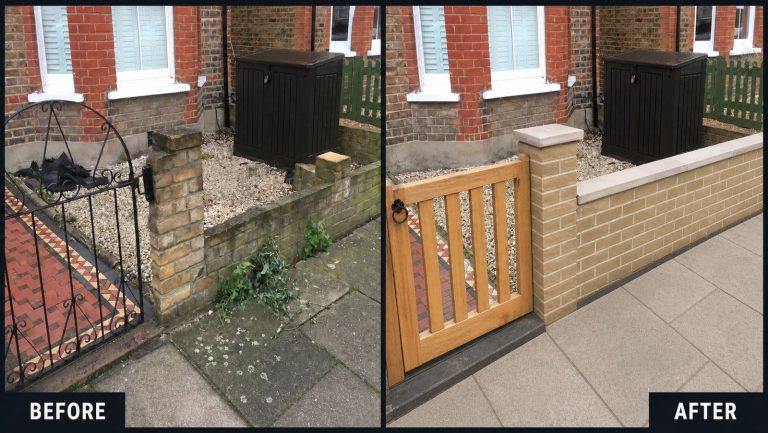 “Transform Your Home’s Entrance: Fresh Brick Wall & Wooden Gate Upgrade”