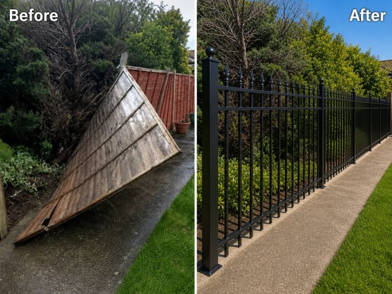 Storm-damaged fence completely transformed into a strong, low‑maintenance black iron boundary – same garden, new level of security and kerb appeal.
