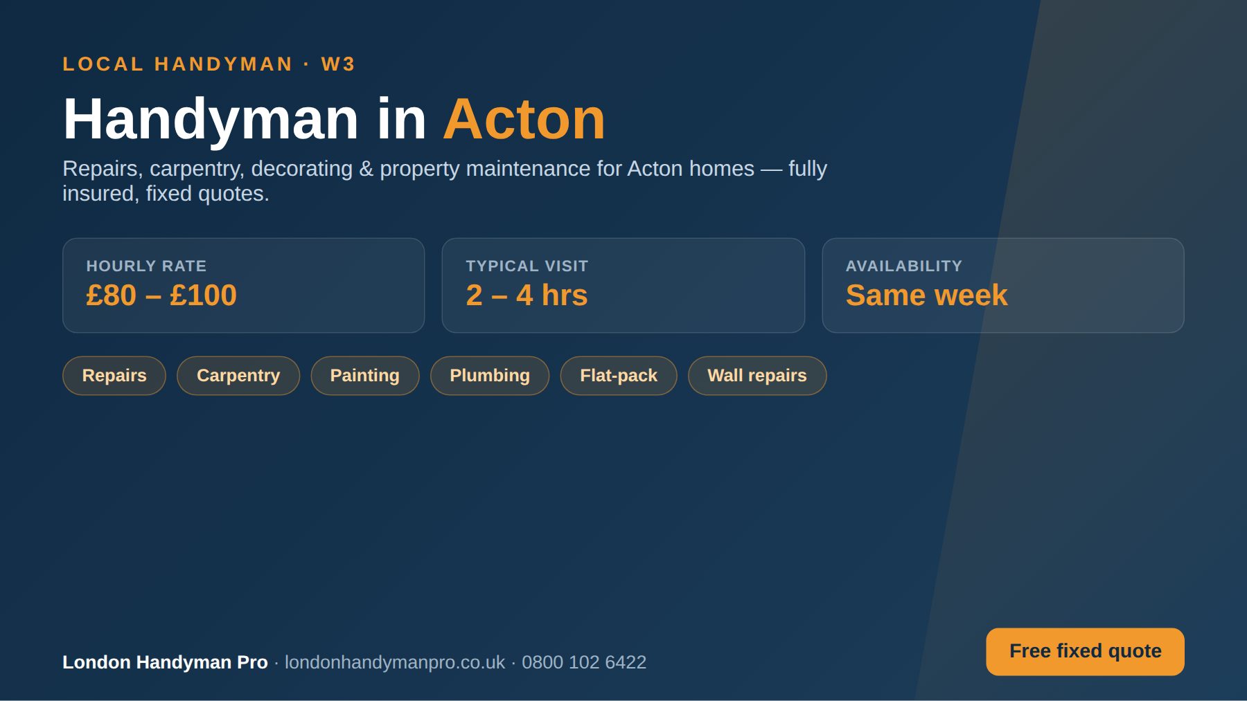 Handyman in Acton, London — hourly rate £80–£100, same-week availability, repairs, carpentry, painting, plumbing and flat-pack services