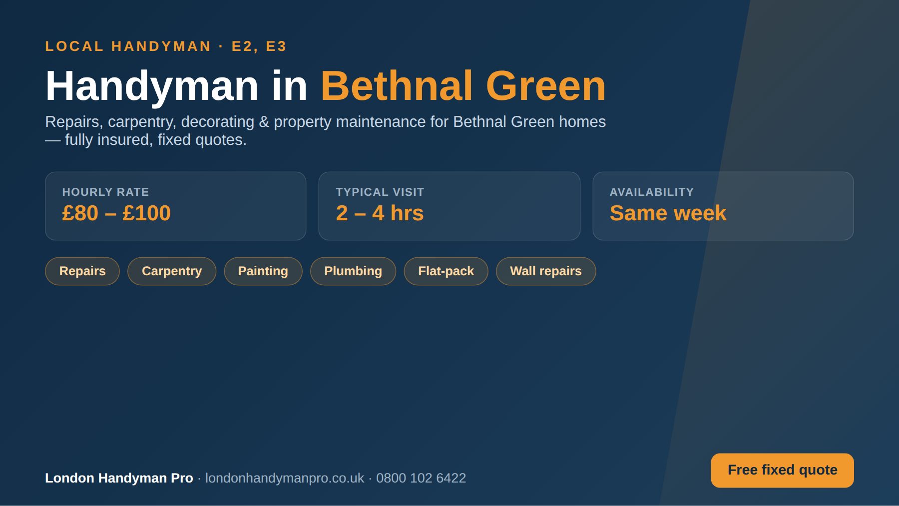 Handyman in Bethnal Green, London — hourly rate £80–£100, same-week availability, repairs, carpentry, painting, plumbing and flat-pack services
