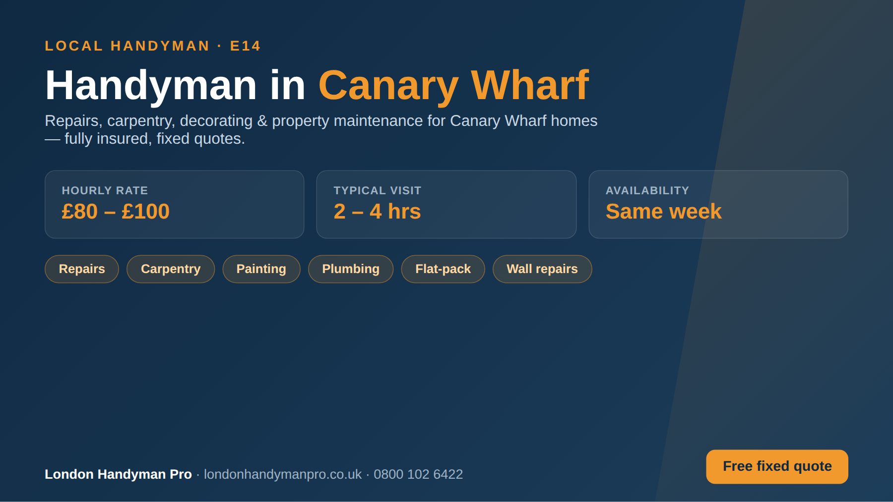 Handyman in Canary Wharf, London — hourly rate £80–£100, same-week availability, repairs, carpentry, painting, plumbing and flat-pack services