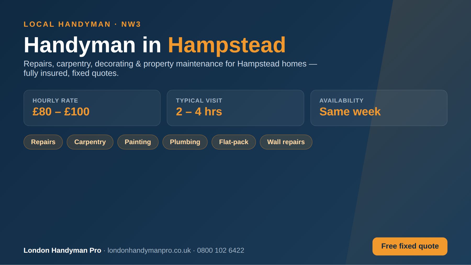 Handyman in Hampstead, London — hourly rate £80–£100, same-week availability, repairs, carpentry, painting, plumbing and flat-pack services