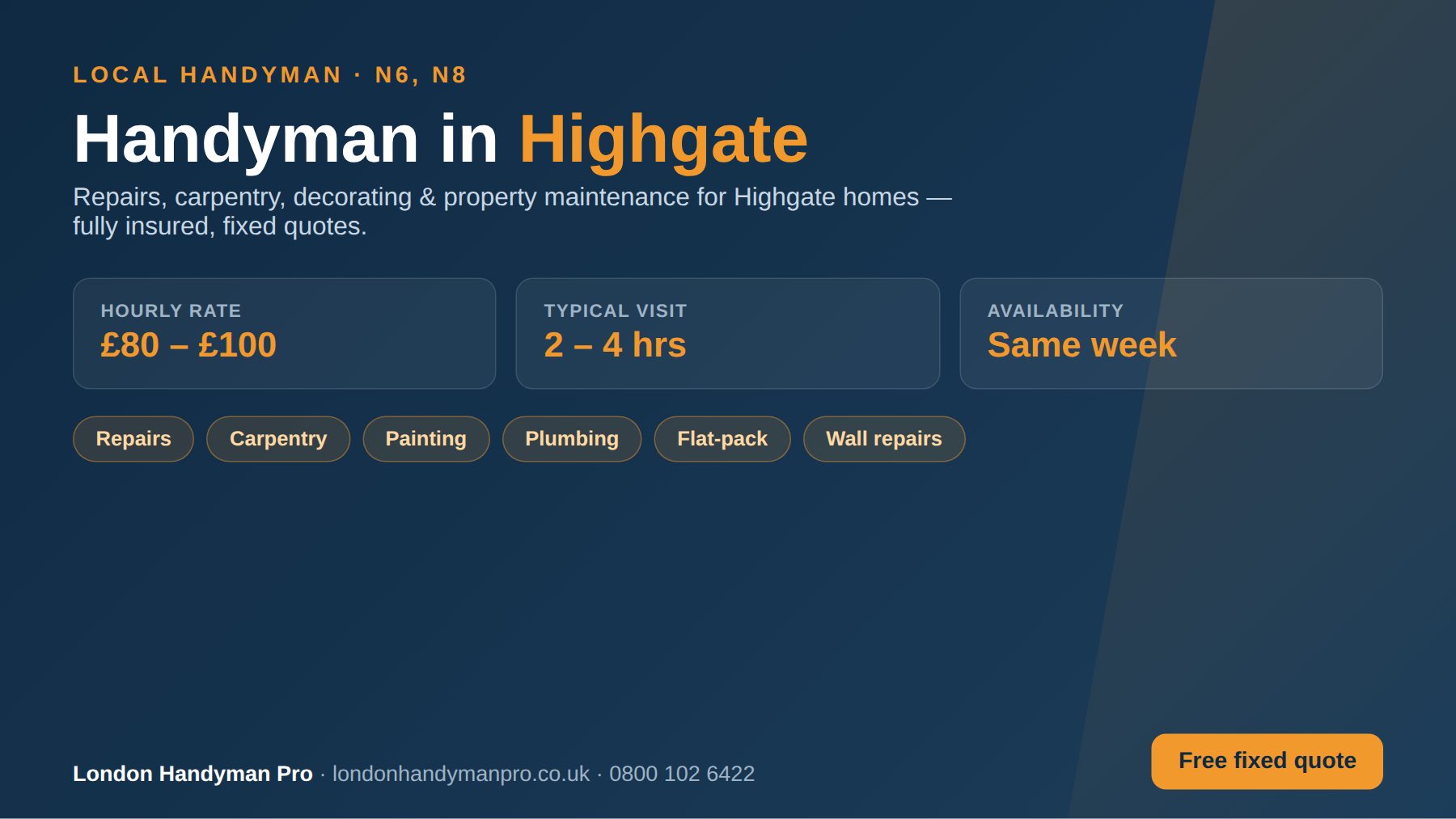 Handyman in Highgate, London — hourly rate £80–£100, same-week availability, repairs, carpentry, painting, plumbing and flat-pack services