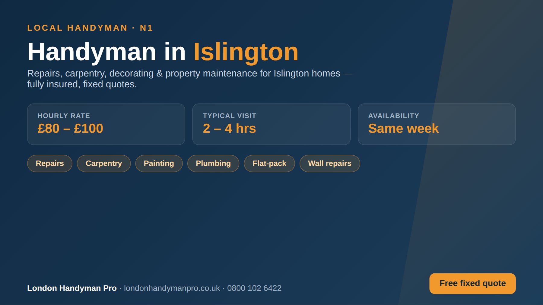Handyman in Islington, London — hourly rate £80–£100, same-week availability, repairs, carpentry, painting, plumbing and flat-pack services