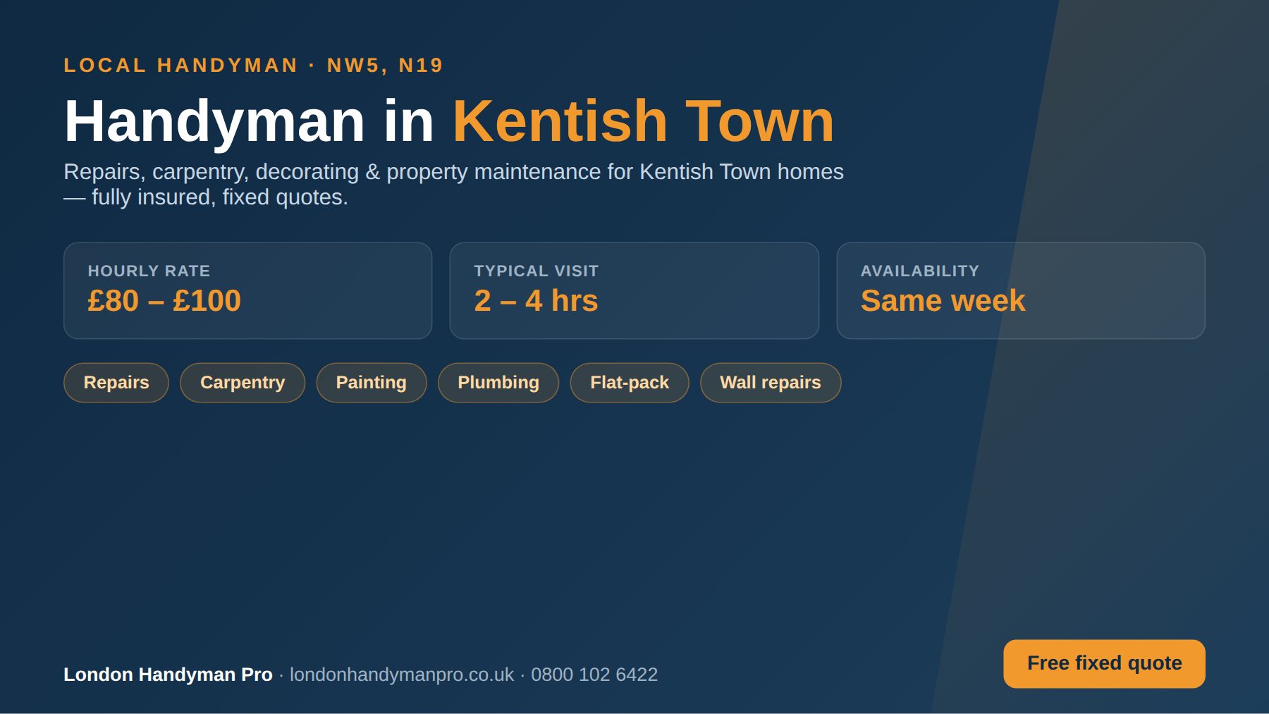 Handyman in Kentish Town, London — hourly rate £80–£100, same-week availability, repairs, carpentry, painting, plumbing and flat-pack services