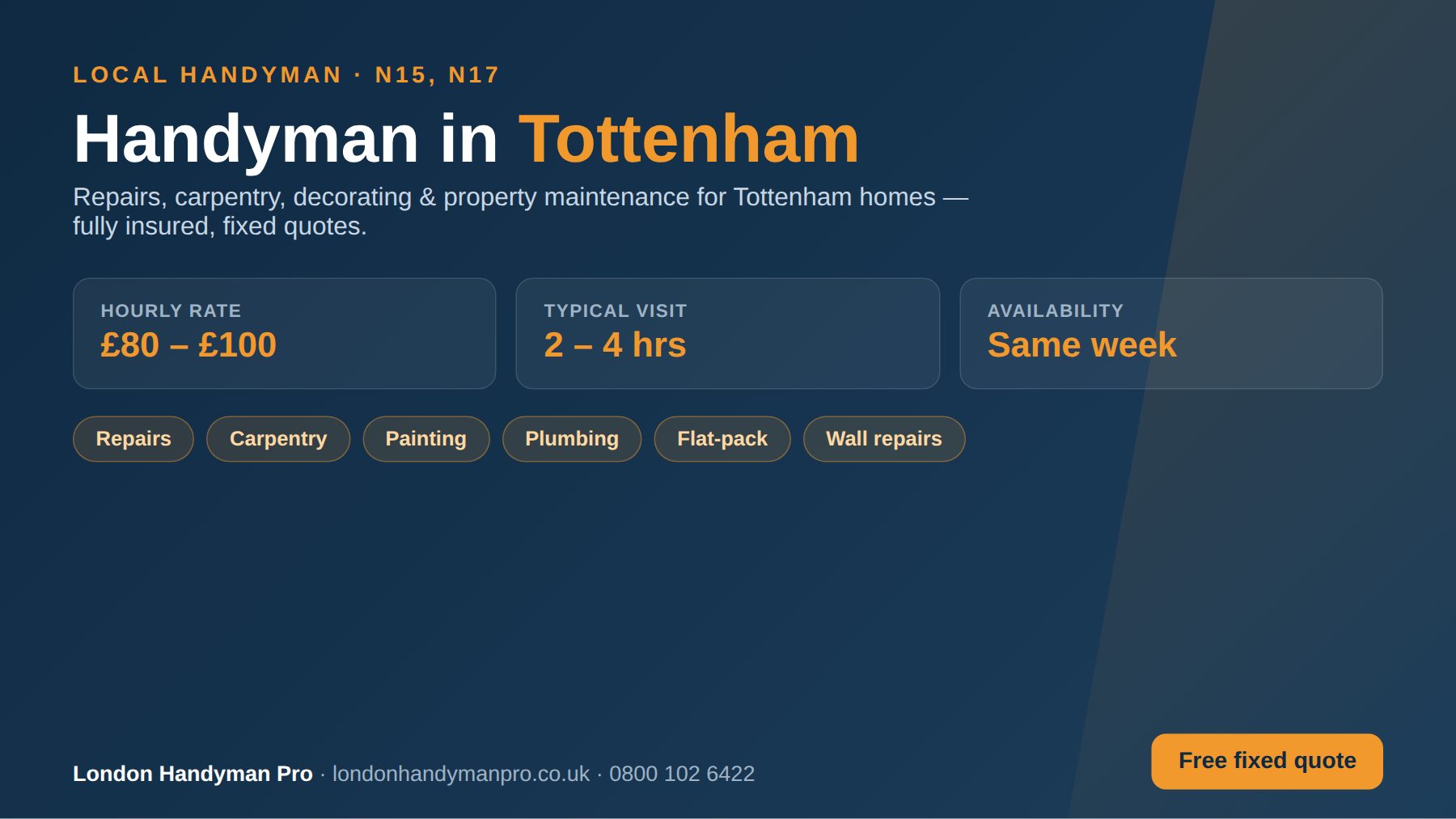 Handyman in Tottenham, London — hourly rate £80–£100, same-week availability, repairs, carpentry, painting, plumbing and flat-pack services