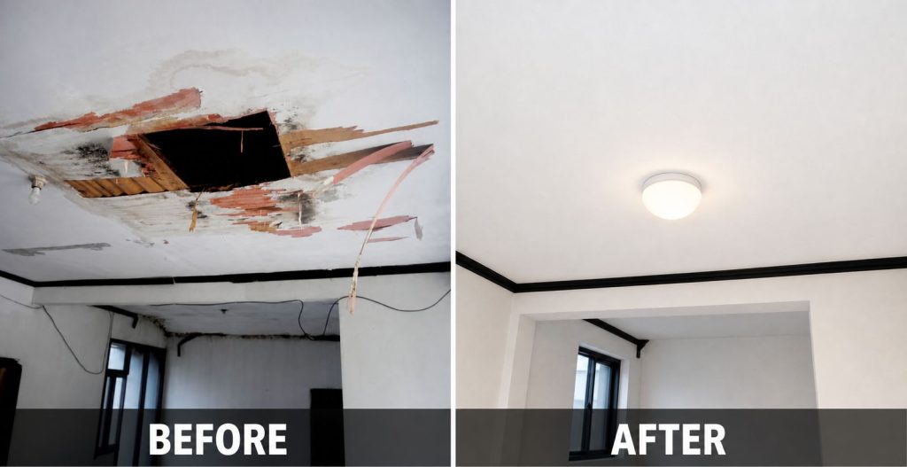 Ceiling repair and new light fitting installed - before and after